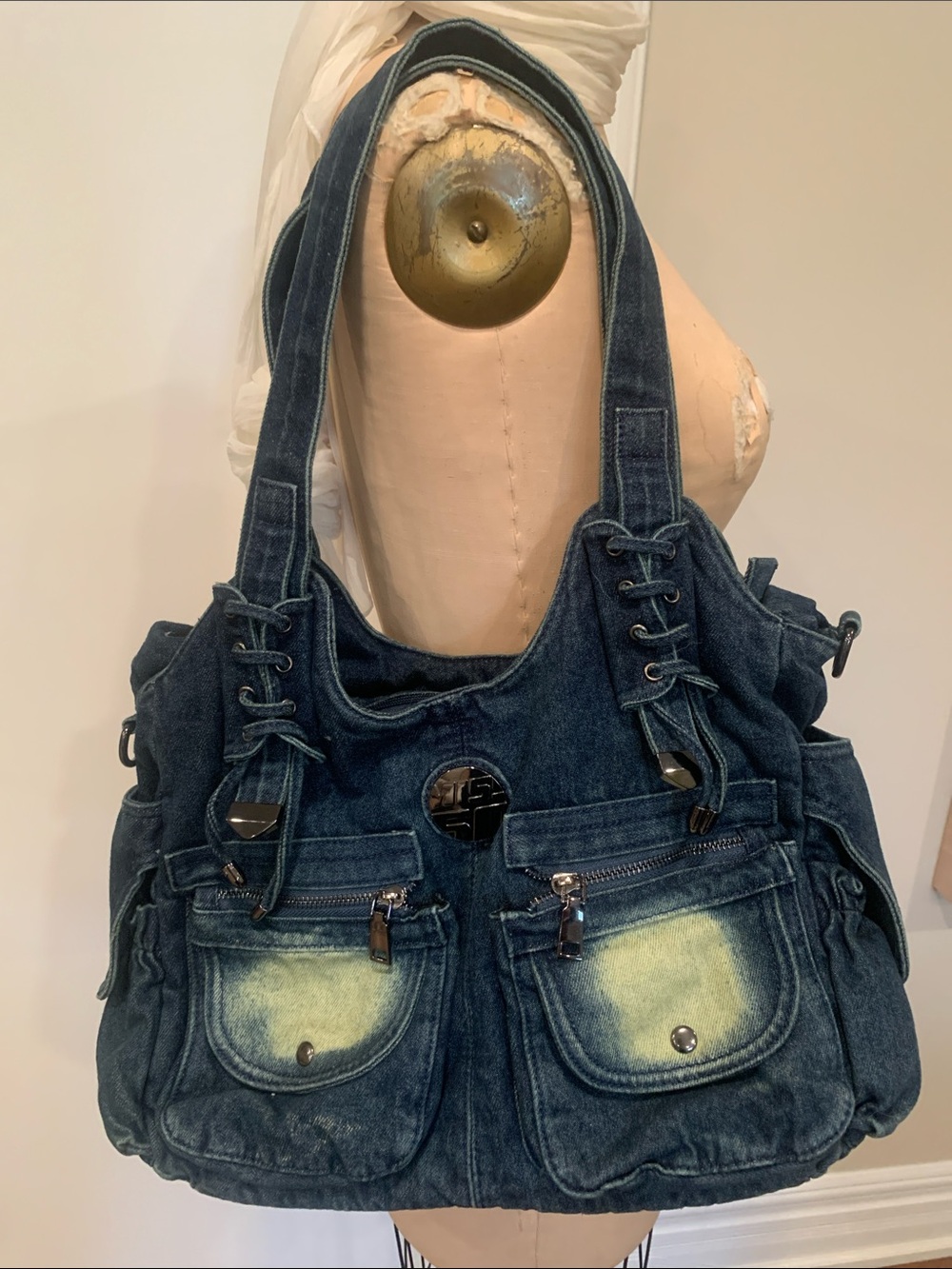 Denim Shoulder Bag with Front snap Pockets